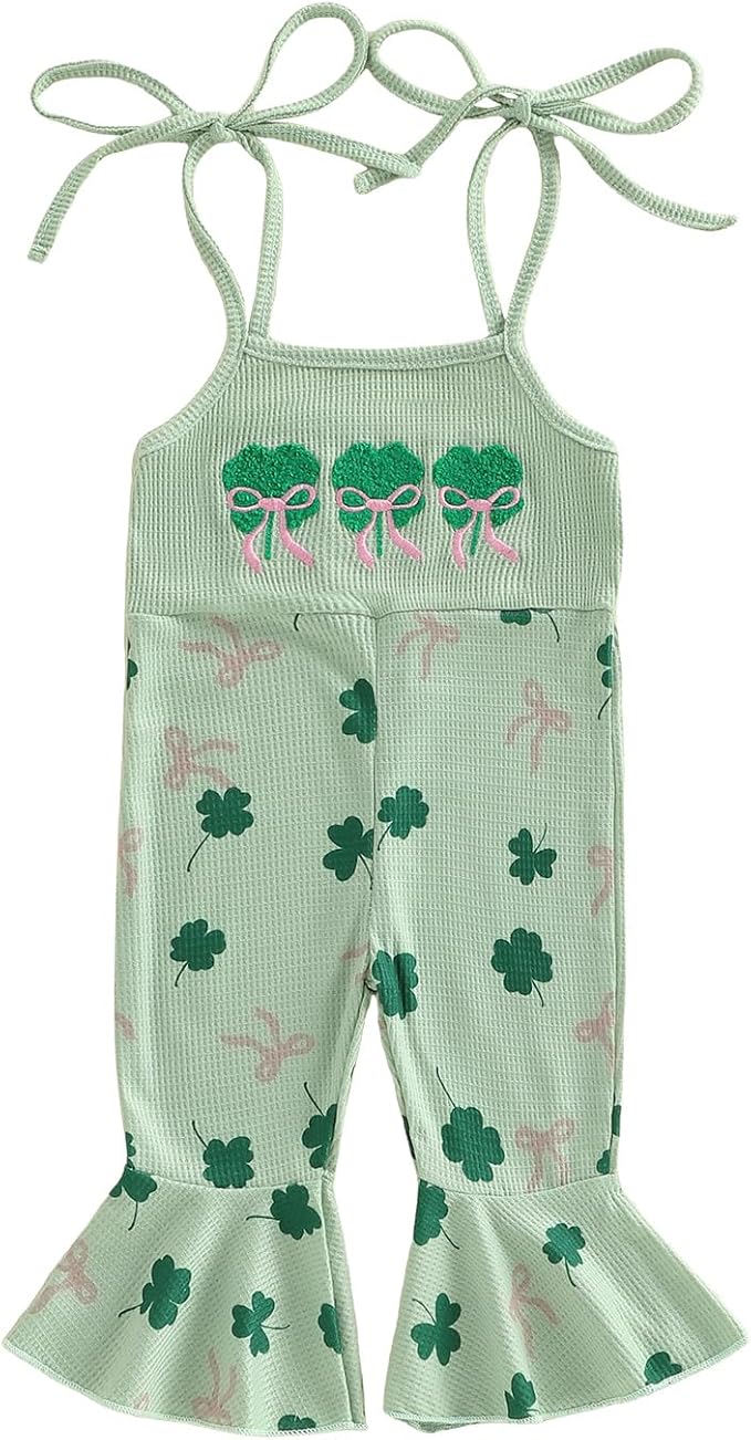 Toddler Baby Girl Valentines Day Outfit Love Sleeveless Tie-up Suspender Romper Bell Bottom Pants Spring Jumpsuit