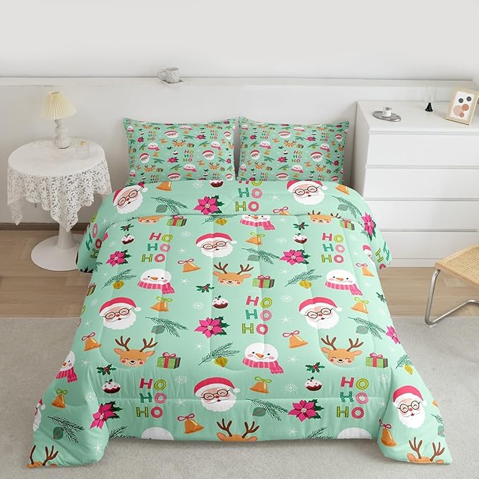 Feelyou Christmas Decor Bedding Set Soft for Boys Girls, Happy New Year Comforter Set Queen Size Santa Claus Duvet Quilt Microfiber Bedroom Decor 3 Pcs with 2 Pillow Cases