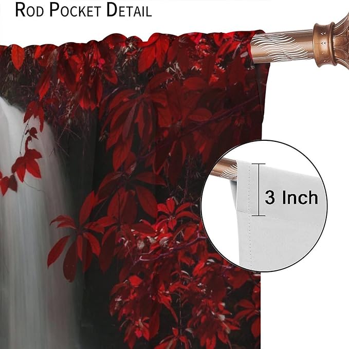 Red Forest Waterfall Blackout Windows Curtains, Waterfall Red Forest Black and Red Natural Landscape Print Window, for Living Room Bedroom 84x84in 2 Panels