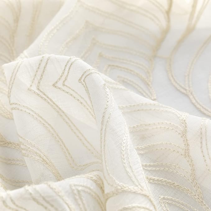 VISIONTEX Sheer Curtains 108 Inches Long 2 Panels Set Beige Moroccan Embroidery Texture Geometric Rod Pocket Ivory White Voile Tulle Semi Window Treatment Pair for Bedroom Living Room 54 x 108 Inches
