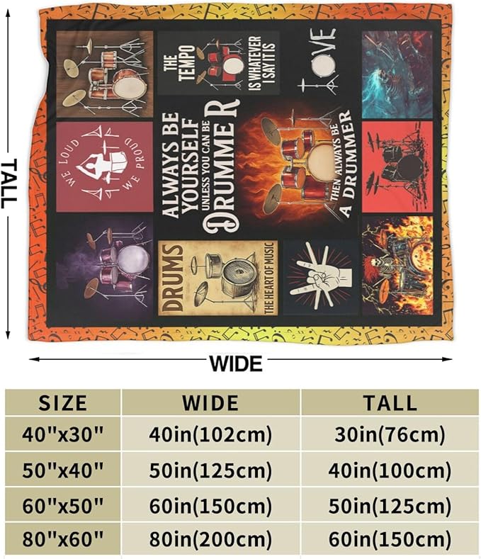 Drum Set Fleece Blanket Rock Music Throw Blankets for Girls Boys Super Soft Warm Flannel Cool Musical Instrument Throws Gifts for Men Women Cozy Fuzzy Plush Stuffed Couch Bed Bedding Decor 50"x40"