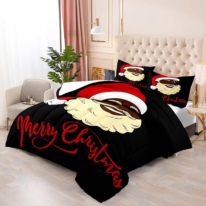 LUVIVIHOME 2PCS Christmas Comforter Set Twin Size, Funny African American Black Santa Claus Bedding, Winter Xmas Merry Christmas Bedroom Decor for Kids Boys Girls Teens, Xmas Gifts, 1 Pillow Sham