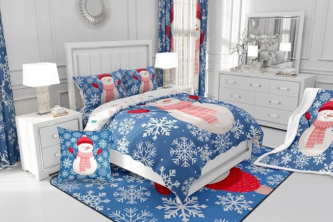Feelyou Christmas Comforter Set Full Size Snowman Blue Bedding Set for Kids Boys Girls Xmas Snowflakes Duvet Quilt Winter Snow Bedroom Decor Microfiber 3 Pcs with 2 Pillow Cases