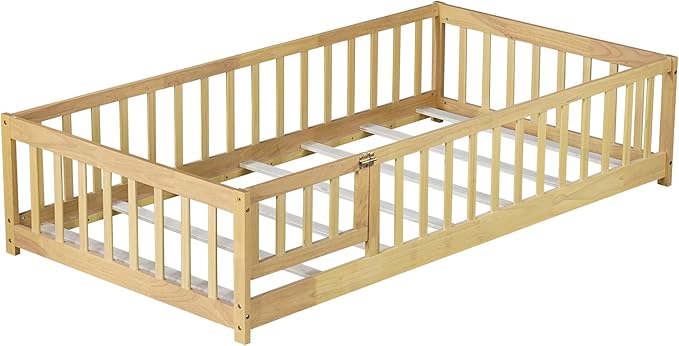 Bellemave Twin Size Floor Bed for Kids, Girls, Boys, Rubber Wood Floor Bed with slats and Door, Natural