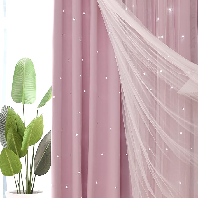 Kinryb Princess Curtains for Girls Bedroom with Sheer Overlay,Double Layer Curtain for Living Room with Star Cutout, Curtains for Kids Room (70 W*84 L Inches,2 Pcs Pink)