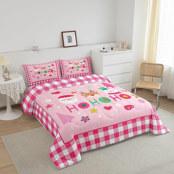 Merry Christmas Kids Comforter Set Twin Size,Cartoon Santa Claus Snowman Deer Bedding Set,Boys Girls Adults Room Decor,Geometric Grids Fashion Down Comforter,Pink Xmas Duvet Insert,1 Pillowcase