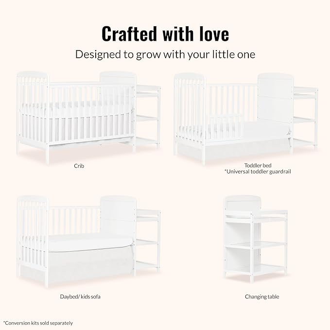 Dream On Me Anna 3-in-1 Convertible Full-Size Baby Crib & Changer with Storage in White, GreenGuard Gold & JPMA, Pinewood, Converts to Day & Toddler Bed, 3 Mattress Heights, 1″ Changing Pad