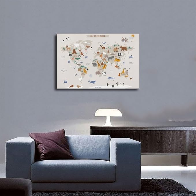 Kids World Map - Playroom Animal World Map - Nursery Educational Poster Canvas Poster Wall Art Picture Paintings for Living Room Bedroom Decoration Frame-style12x18inch(30x45cm)