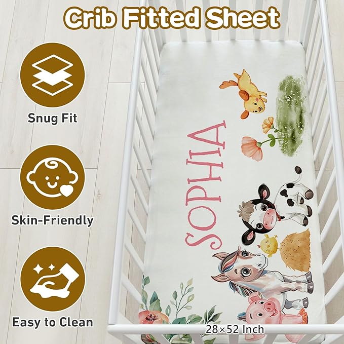 Custom Name Crib Bedding Set, 3 Pcs Personalized Baby Crib Bedding Set, Soft Farm Animals Nursery Crib Sets for Boys Girls, Double Layer Toddler Bedding Set Customized Gifts for Newborn Kids
