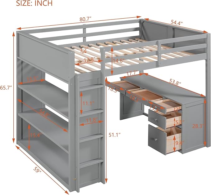 CITYLIGHT Full Loft Bed with Desk and Shelves,Wooden Full Size Loft Bed with Desk and Storage Drawers, Space Saving Loft Bed Full for Kids Girls Boys (Full,Grey)