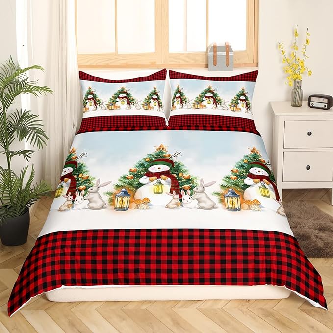 Manfei Red Plaid Duvet Cover Set Twin Size, Snowman and Xmas Tree Print Bedding Set 2pcs for Kids Boys Girls Bedroom Decor, Christmas Theme Comforter Cover with 1 Pillowcase,No Comforter