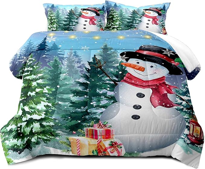 LUVIVIHOME 3PCS Merry Christmas Comforter Set King Size, Cute Funny Snowman Bedding, Winter Snowflake Pine Tree Christmas Bedroom Decor for Kids Boys Girls Teens Toddler, Xmas Gifts, 2 Pillow Shams