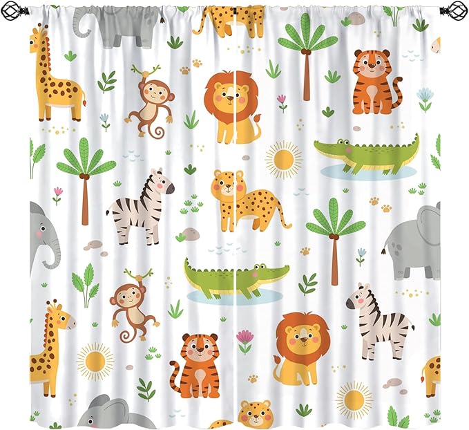 Cartoon Animal Curtains, Safari Woodland Jungle Forest Wildlife Window Treatments, Rod Pocket Thermal Insulated Drapes 2 Panel Sets for Kids Bedroom Nursery Classroom, 42" W X 45" L