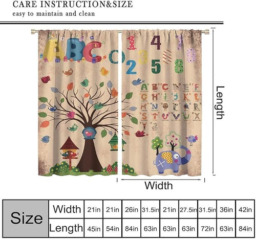 Animal Alphabet Numbers Tree Curtain Learning ABC Letters Birds Numbers Home Printed Rod Pocket Window Treatments for Bedroom Living Room Playroom Nursery Decor 42" W X 45" L