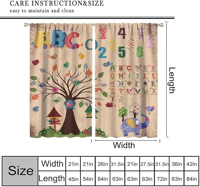 Animal Alphabet Numbers Tree Curtain Learning ABC Letters Birds Numbers Home Printed Rod Pocket Window Treatments for Bedroom Living Room Playroom Nursery 63" W X 63" L