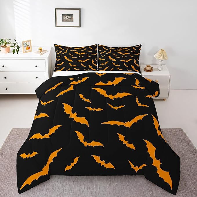 Erosebridal Bat Quilt Happy Halloween Decor Comforter Set Full Size for Kids Boys Youth Gothic Spooky Bedding Set Orange Bats Silhouette Duvet Insert with 2 Pillow Cases