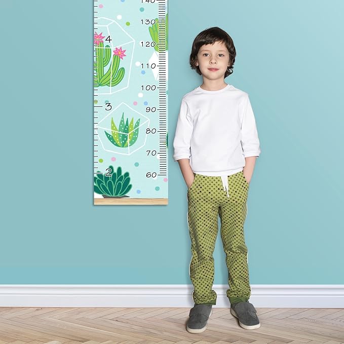 Personalized Kids Name Growth Chart Ruler for Wall Wood Frame Height Measure Chart 13.4x56 in Linen Hanging Height Growth Chart Cactus Green Kids Room Decor