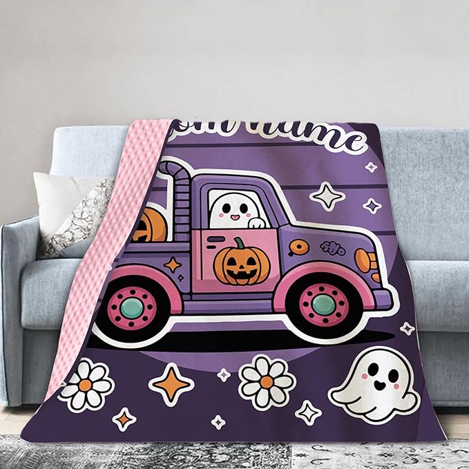 Personalized Halloween Blanket for Baby Girls, Custom Baby Blanket with Name, Ghost Truck Pattern Soft Minky Dot Blanket, Halloween Decor Christmas Birthday Gifts for Kids Toddlers