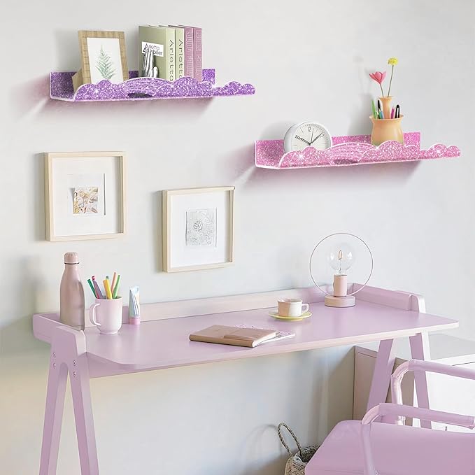 Rainbow Glitter Acrylic Floating Shelves, 15.7" Wall Mounted Nursery Bookshelves, Display Ledge for Books Toy Cosmetic Storage, Bathroom Bedroom Living Room Wall Organizer, 4 Pack, Pink Purple