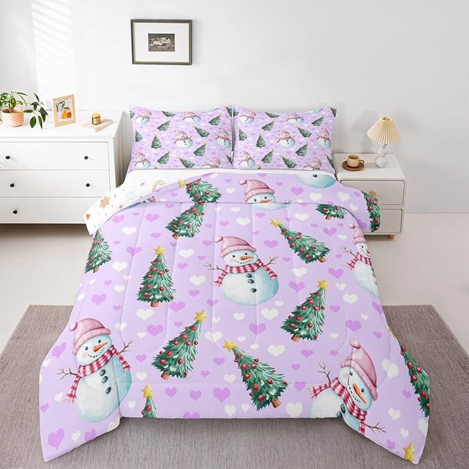Feelyou Merry Christmas Bedding Set Soft for Boys Girls, Cute Snowman Comforter Set Full Size Christmas Tree Duvet Quilt Microfiber Love Hearts 3 Pcs with 2 Pillow Cases
