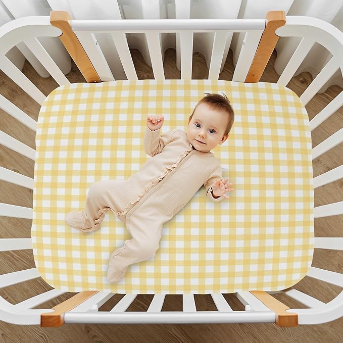 Yellow Gingham Crib Sheets for Boys and Girls, Fitted Baby Crib Sheets Soft and Breathable Mini Crib Sheets 52 X 28 Inches