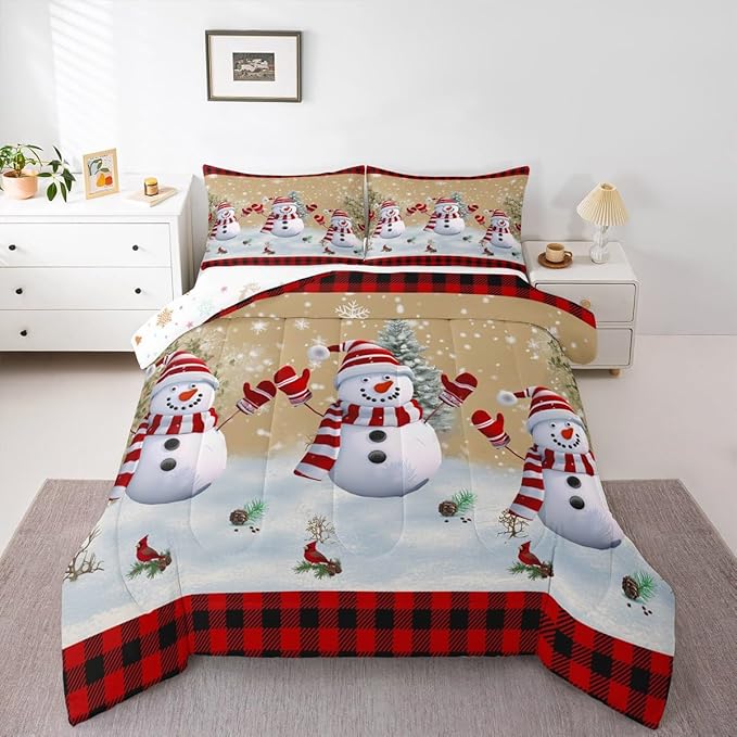 Cartoon Snowman Kids Christmas Comforter Set King Size,Pines Snowflake Rustic Bedding,Girls Boys Adults Bedroom/Xmas Cabin Decor,Grids Geometric Down Comforter,Farmhouse Duvet Insert,2 Pillowcases