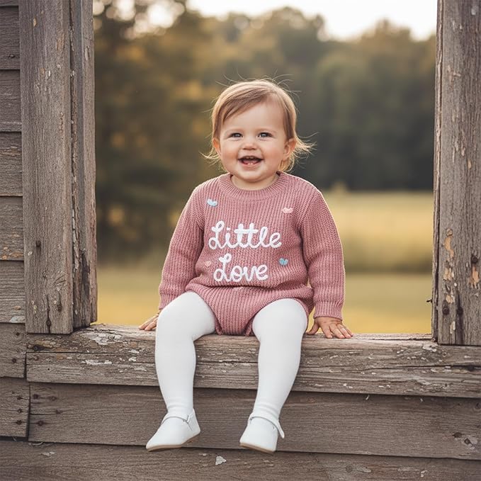 Lesimsam Newborn Baby Boy Girl Valentines Day Outfit Oversized Embroidery Long Sleeve Knit Sweater Bubble Romper Bodysuit