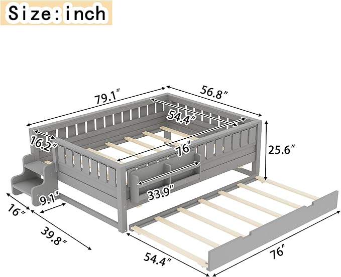 Bellemave Full Bed with Trundle and Stairs, Full Size Platform Bed Frame with Fence and Bookshelf, Easy Assemble Beds for Kids, Girls, Boys, Gray
