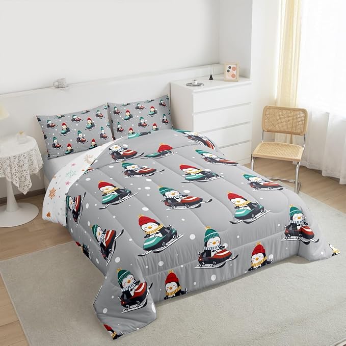 Feelyou Christmas Comforter Set All Season Gray Penguin Bedding Set with 2 Pillow Cases Cartoon Penguin Skiing Microfiber Kids Full Bedclothes Snowflake Bedroom Decor Duvet Quilt Breathable Soft