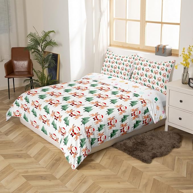 Feelyou Christmas Duvet Cover Cartoon Santa Claus Bedding Set for Kids Boys Girls Teens Room Decor Cute Deer Christmas Tree Comforter Cover Set Xmas Theme Bedspread Cover 2Pcs Zipper Twin Size