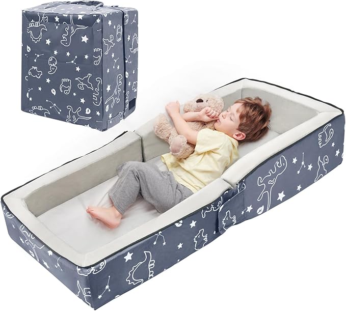 Toddler Travel Bed, Portable Kids Floor Bed for Sleeping with Foam Mattres, Washable Toddler Cot for Kids Aged 1-4, Velvet Fabric