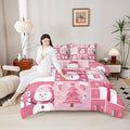 Xmas Comforter Set King Size,Snowman Christmas Tree Snowflake Duvet Insert for Kids Boys Girls Room Decor,Pink Plaid Patchwork Bedding Set 3Pcs,Merry Christmas Cartoon Quilt Set,2 Pillowcases