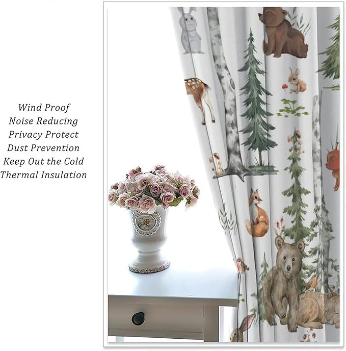 Animal Kids Curtains, Woodland Squirrel Rabbit Bear Animal Friends Forest Curtains for Boys and Girls Bedroom Living Room Kitchen 55x63in