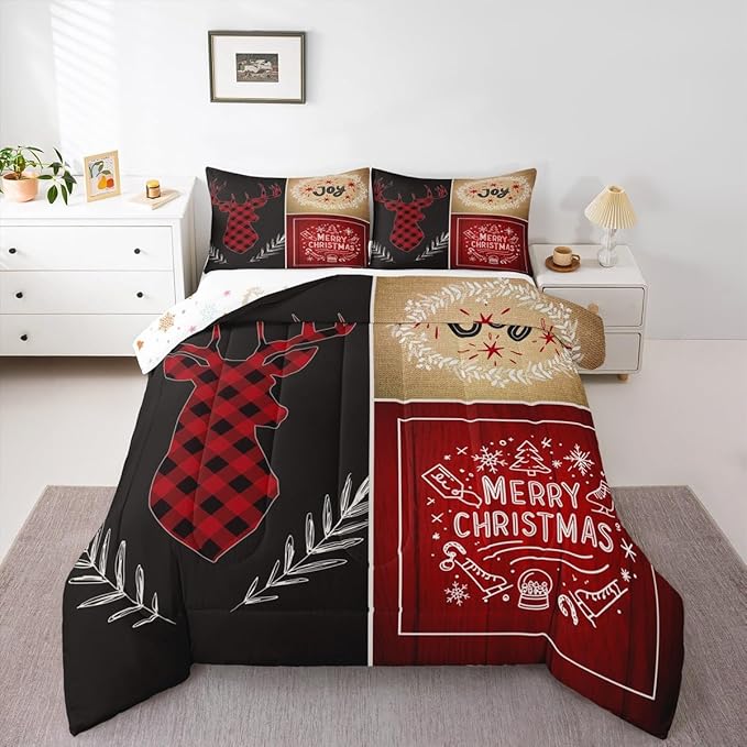 Deer Antler Kids Christmas Comforter Set Twin Size,Elk Plam Leaves Bedding,Girls Boys Adults Bedroom/Xmas Cabin Decor,Plank Lattice Vintage Down Comforter,Rustic Farmhouse Duvet Insert,1 Pillowcase