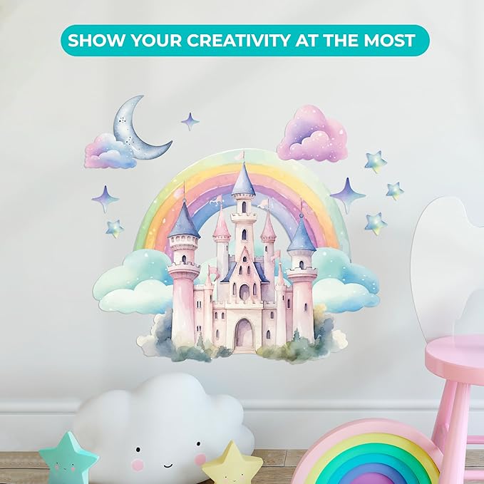 CRYPTONITE Rainbow Wall Decal for Girls Bedroom | Watercolor Castle Vinyl Sticker for Nursery Wall Decor | Cute Stickers for Kids Room, Windows, or Furniture | 3 Sizes (Wide 20" x 18" Height (Small))