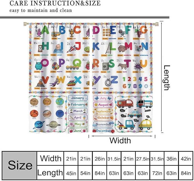 Alphabet Curtain for Kids Room ABC Letter Educational Learning Animal Number Printed Rod Pocket Blackout Window Drapes for Bedroom Playroom Classroom 42" W X 63" L