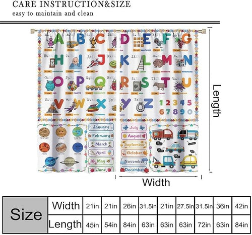 Alphabet Curtain for Kids Room ABC Letter Educational Learning Animal Number Printed Rod Pocket Blackout Window Drapes for Bedroom Playroom Classroom 72" W X 63" L
