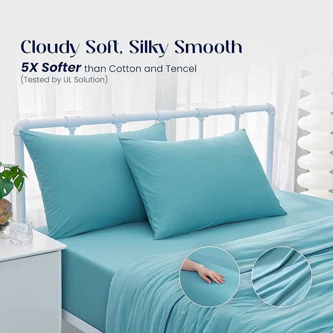 Dream Valley® Queen Sheet Set, Cooling Fitted Sheet with 2 Pillowcase-3 PCS with No Flat Sheet,Q-Max > 0.4 Aerocool, Cooling for Night Sweats, Hot Sleepers,deep Pocket up to 15",Dream Blue