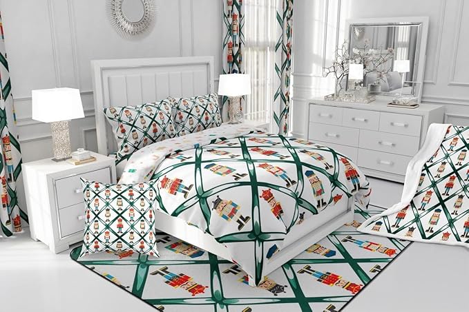 Feelyou Cute Nutcracker Bedding Set Soft for Boys Girls,Green Lattice Pattern Comforter Set Toddler Size Colorful Duvet Quilt Microfiber Funny Soldier Bedroom Decor Kawaii 2 Pcs with 1 Pillow Cases