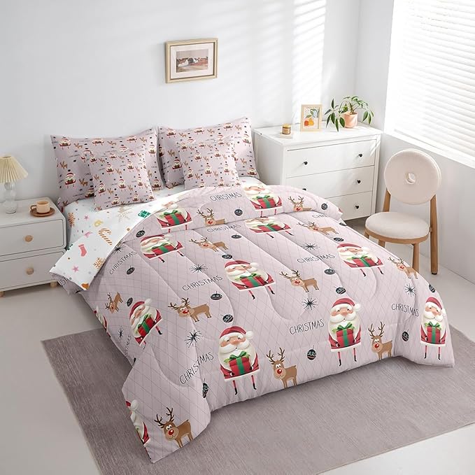 Santa Claus Bed Set Christmas Deer Bed in a Bag for Kids Boys Girls Winter Snowflake Comforter Set with Sheets Merry Christmas Khaki Bedding Set Bedroom Collection King Size