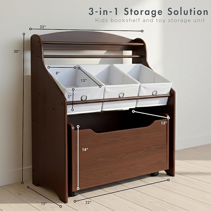 Humble Crew 3-in-1 Kids Bookshelf and Toy Storage Organizer, Espresso/White - Toddler Organizers with Rolling Toy Box and 3 Fabric Bins – Sturdy Baby Book Shelf, Perfect for Nursery and Playroom