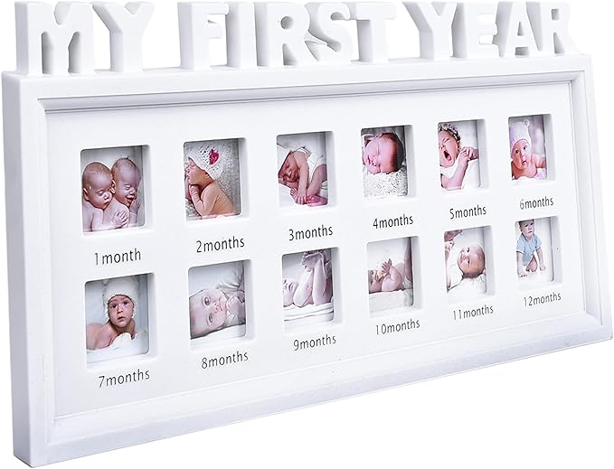 MICKYU My First Year Baby Picture Frame – 12-Month Milestone Photo Display, Personalized Monthly Growth Tracker, Newborn Shower Gift, Rustic White Décor for Nursery or Living Room