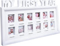 MICKYU My First Year Baby Picture Frame – 12-Month Milestone Photo Display, Personalized Monthly Growth Tracker, Newborn Shower Gift, Rustic White Décor for Nursery or Living Room
