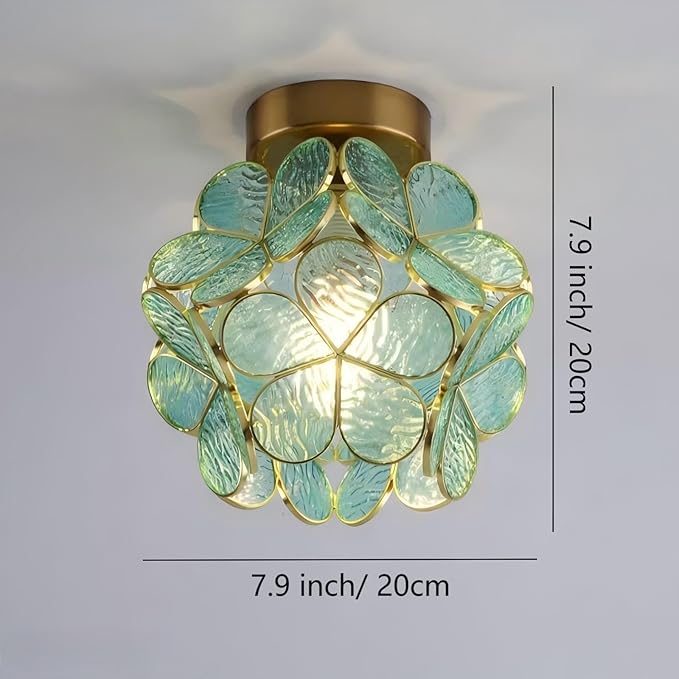 7.9 Inch Petal Ceiling Light, Tiffany Style Metal and Glass Ceiling Light, Modern Ceiling Light with E27 Base for Hallway, Entryway, Bedroom - Blueish Green