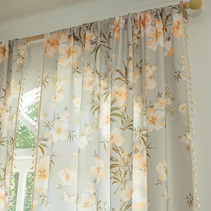 ENJOYBRIDAL Floral Curtains 84 Inch Length Living Room Bedroom Drapes Boho Dining Room Semi Sheer Farmhouse Window Curtains 2 Panels Floor Length Cottage Core Cute Rod Pocket Window Treatments