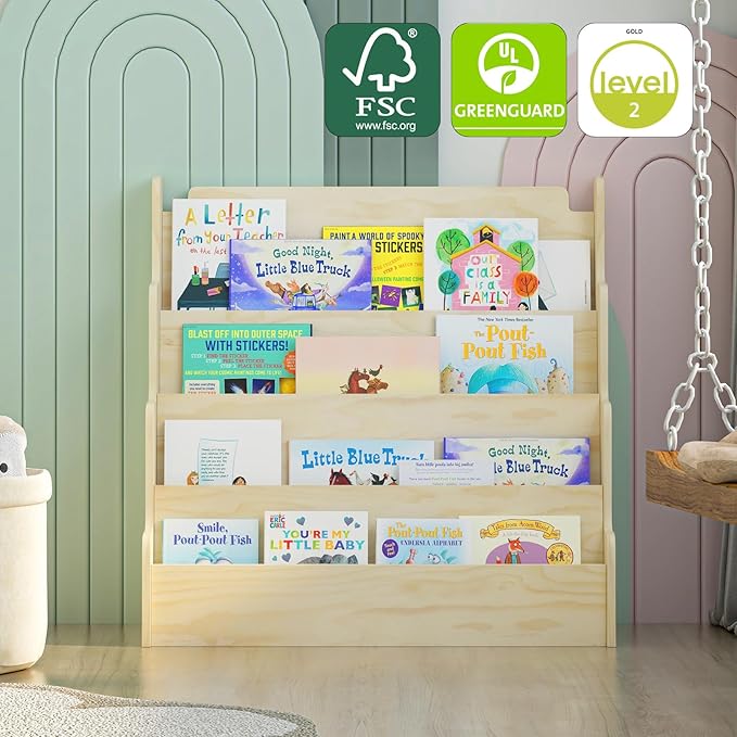 4 Tier Scalloped Kids Bookshelf Natural Wood Toddler Book Rack Nursery Bookcase Playroom Coloring Book Magazine Display Storage Shelf Organizer Classroom Library Homeschooling (Normal)