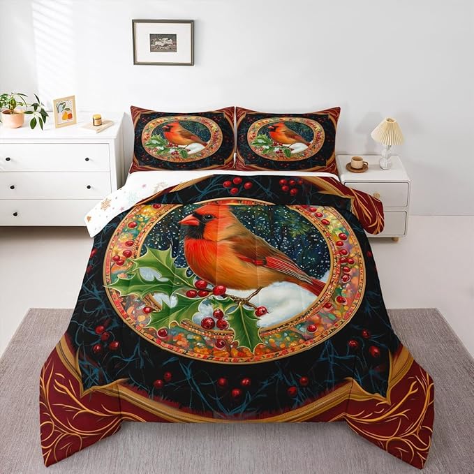 Feelyou Merry Christmas Comforter Set Toddler Size Robin Bird Bedding Set for Kids Boys Girls Snowflake Duvet Quilt Winter Bedroom Decor Microfiber 2 Pcs with 1 Pillow Cases