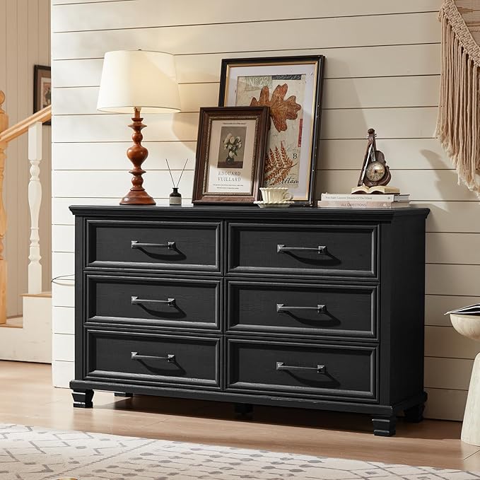 Farmhouse Wood 6 Drawer Dresser Set of 2, 54 inch Wide Large Vintage Chest of Drawers for Bedroom, Rustic Dressers TV Stand with Square Solid Wooden Legs for Living Room, Hallway, Black