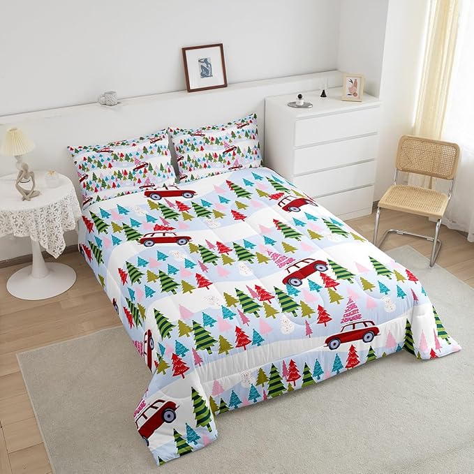 Feelyou Christmas Trees Bedding Set for Kids Boys Girls Toddler Size Christmas Truck Comforter Set Ultra Soft Winter Snowman Comforter Xmas Duvet Quilt Bedroom Decor Christmas Ornaments Quilt