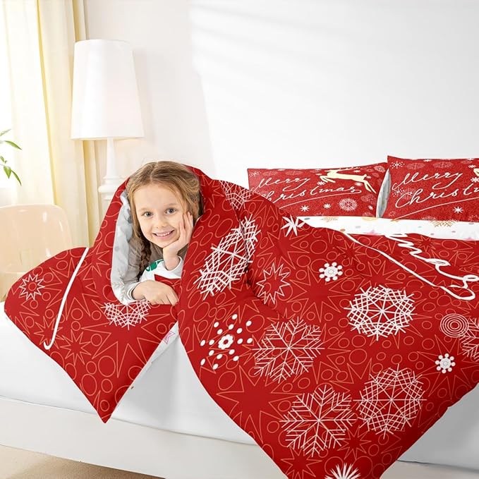 Merry Christmas Kids Comforter Set Full Size,Deer Animal Silhouette Bedding,Girls Boys Adults Bedroom/Xmas Cabin Decor,Snowflake Dot Graffiti Down Comforter,Red Romantic Duvet Insert,2 Pillowcases